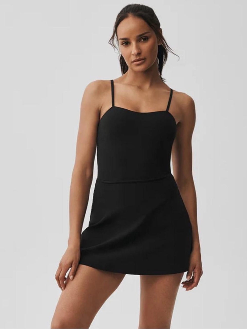 ALO Yoga Black Spaghetti-Strap Mini Dress (tennis dress)